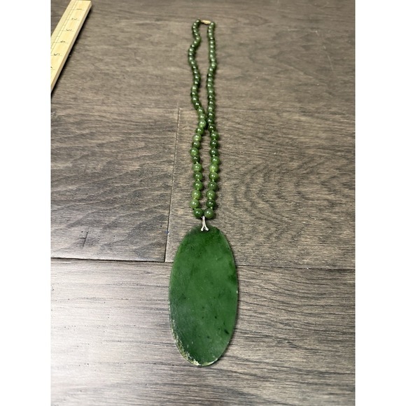 Vintage Jade Beaded Necklace Sterling Clasp With Large Pendant